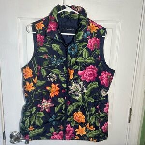 Lands End Navy Floral Down Puffer Vest. Size Medium 8-10 Full Zip Quilted
